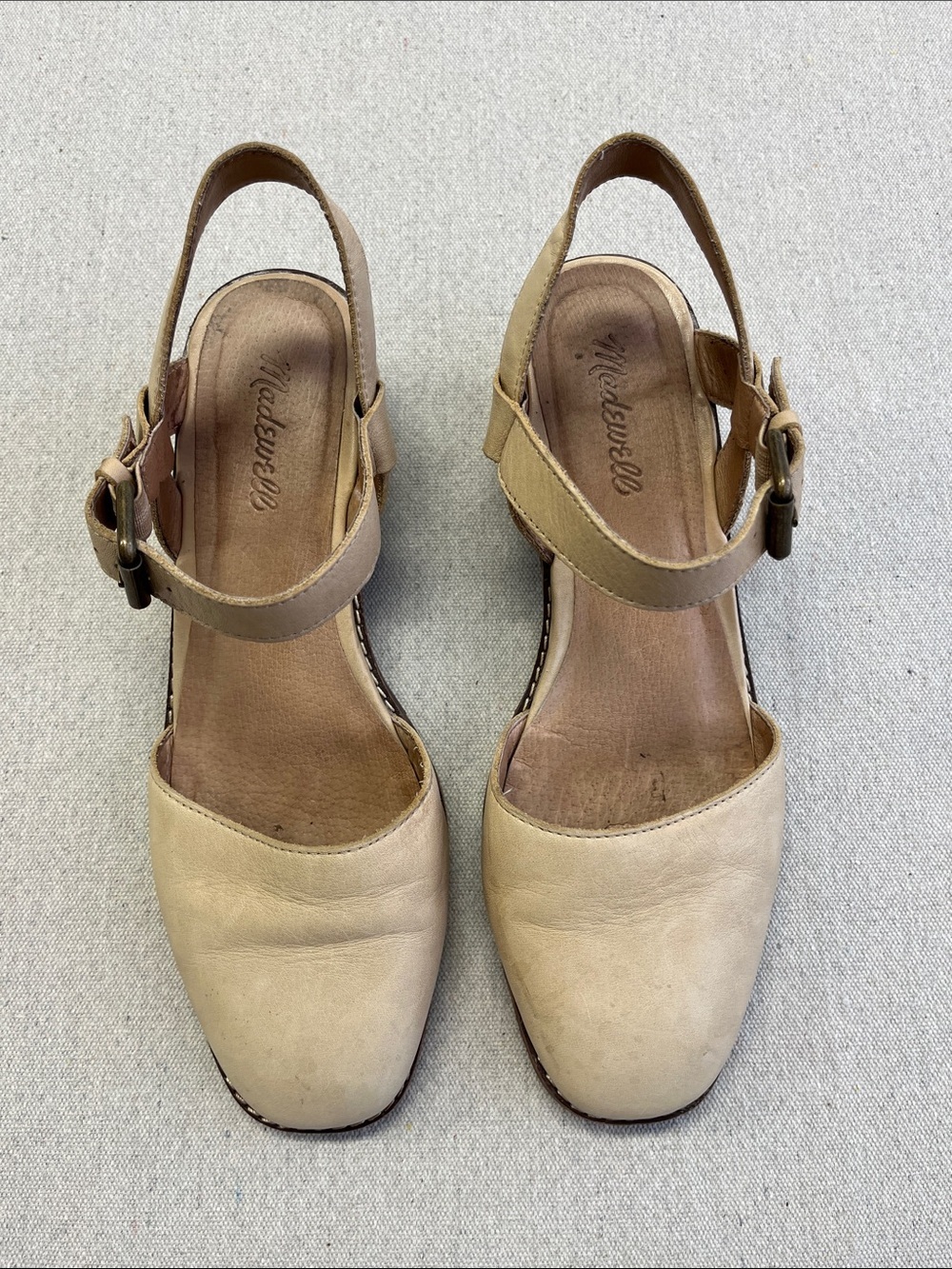 Leather Ankle Strap Chunky Heel Sandals Cream Beige Womenโs 8.5 Slingback Mules